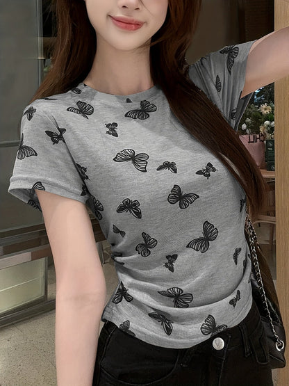 T-shirt Femme Style Vacances Motif Papillons Manches Courtes Ajusté