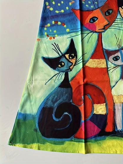 Robe décontractée femme style vintage motif artistique chats et soleil – idéale pour l'été et le printemps