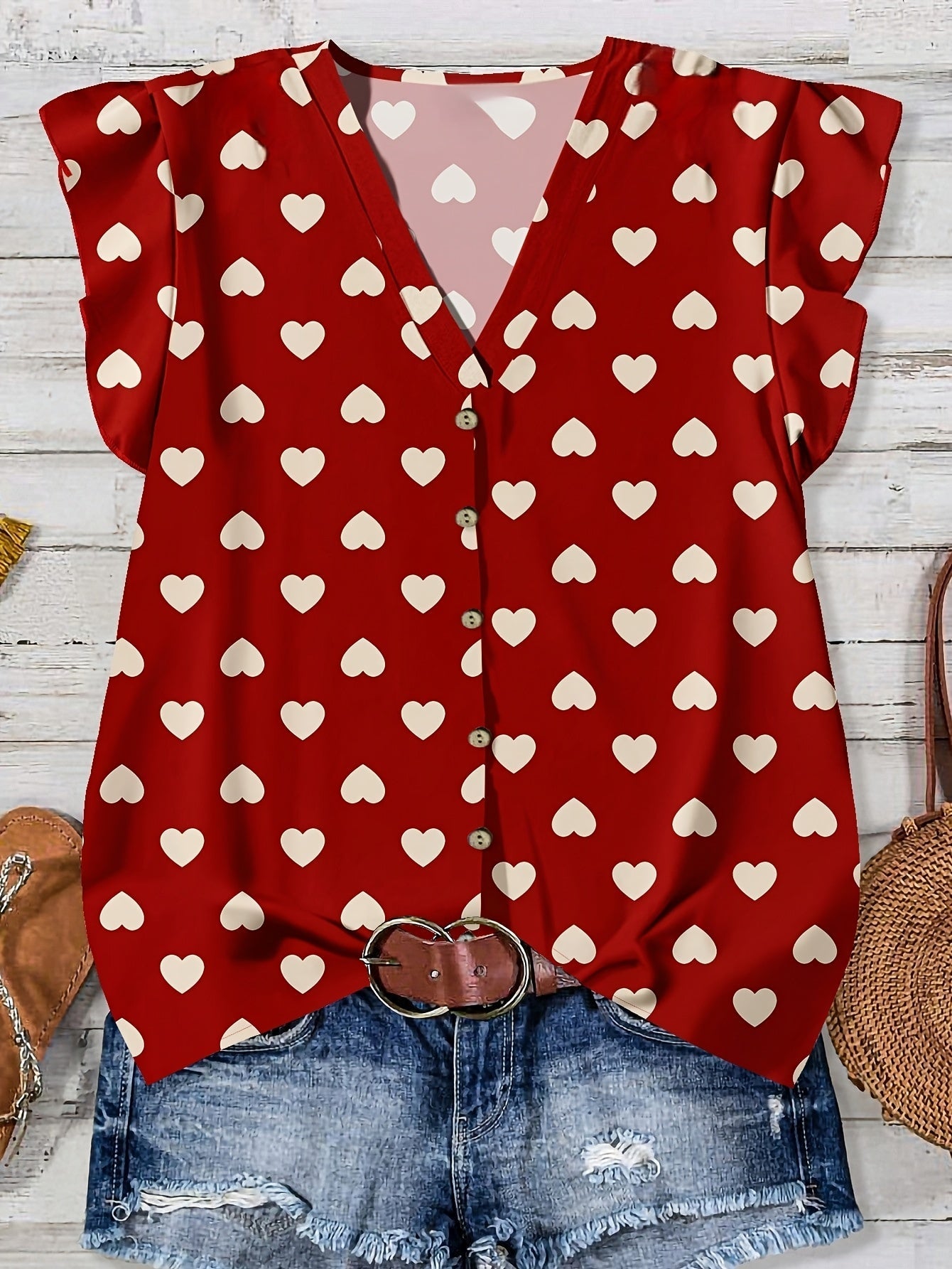 Blusa casual donna con stampa cuori, stile estivo, scollo a V, con bottoni