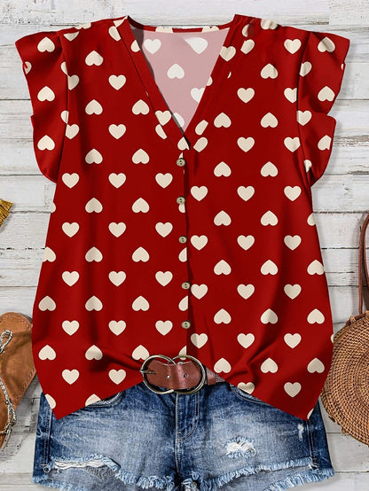 Blusa casual donna con stampa cuori, stile estivo, scollo a V, con bottoni