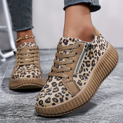 Sneakers Donna Leopardo alla Moda con Lacci, Zeppa e Cerniera - Stile Urbano Casual