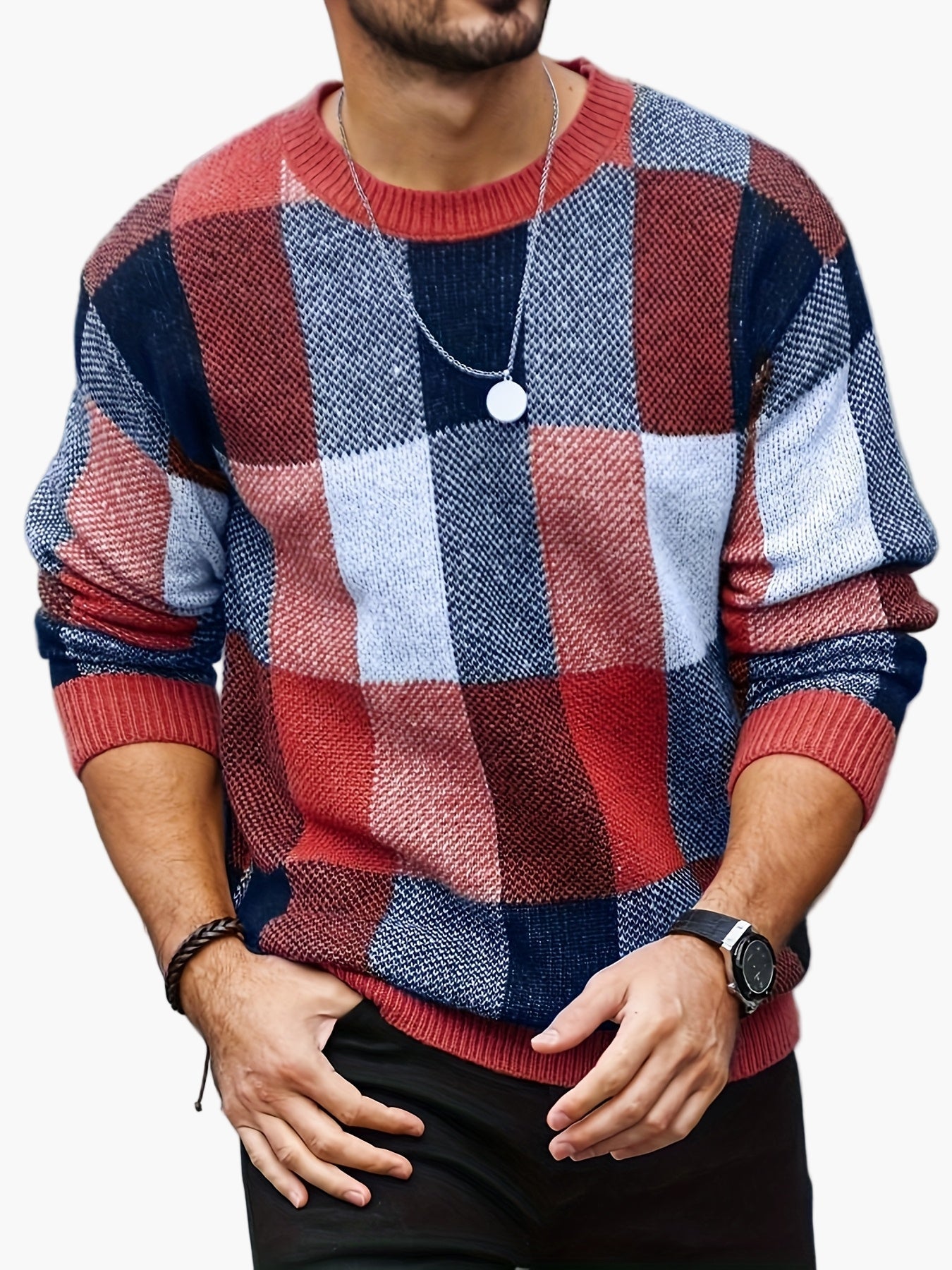 Pull décontracté à carreaux homme style automne/hiver col rond