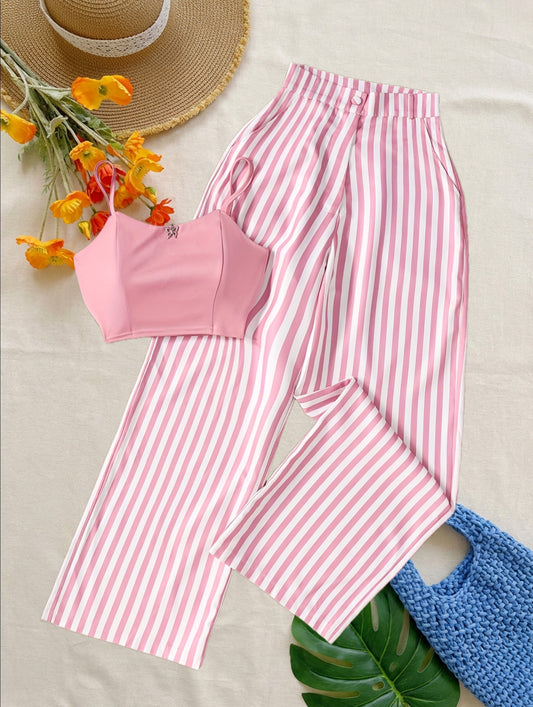 Ensemble deux pièces pour femme - Style chic à rayures pour événements estivaux
