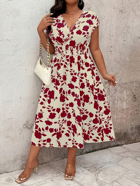Abito midi elegante da donna, stile portafoglio, stampa floreale, ideale per il weekend e l'estate