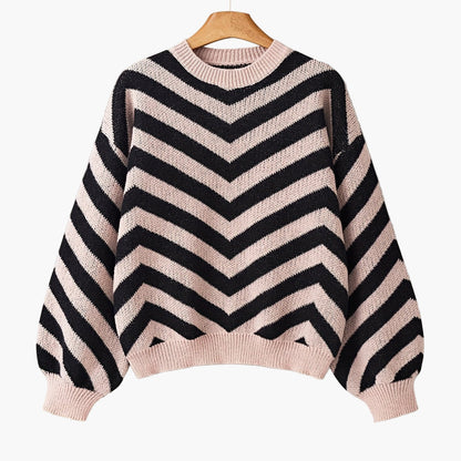 Pull élégant à rayures chevrons pour femme, style automne/hiver, manches longues, coupe décontractée