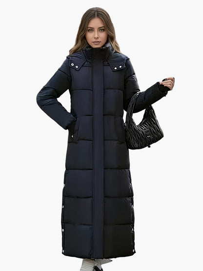 Manteau long matelassé à capuche pour femme, style élégant hiver, usage urbain et décontracté