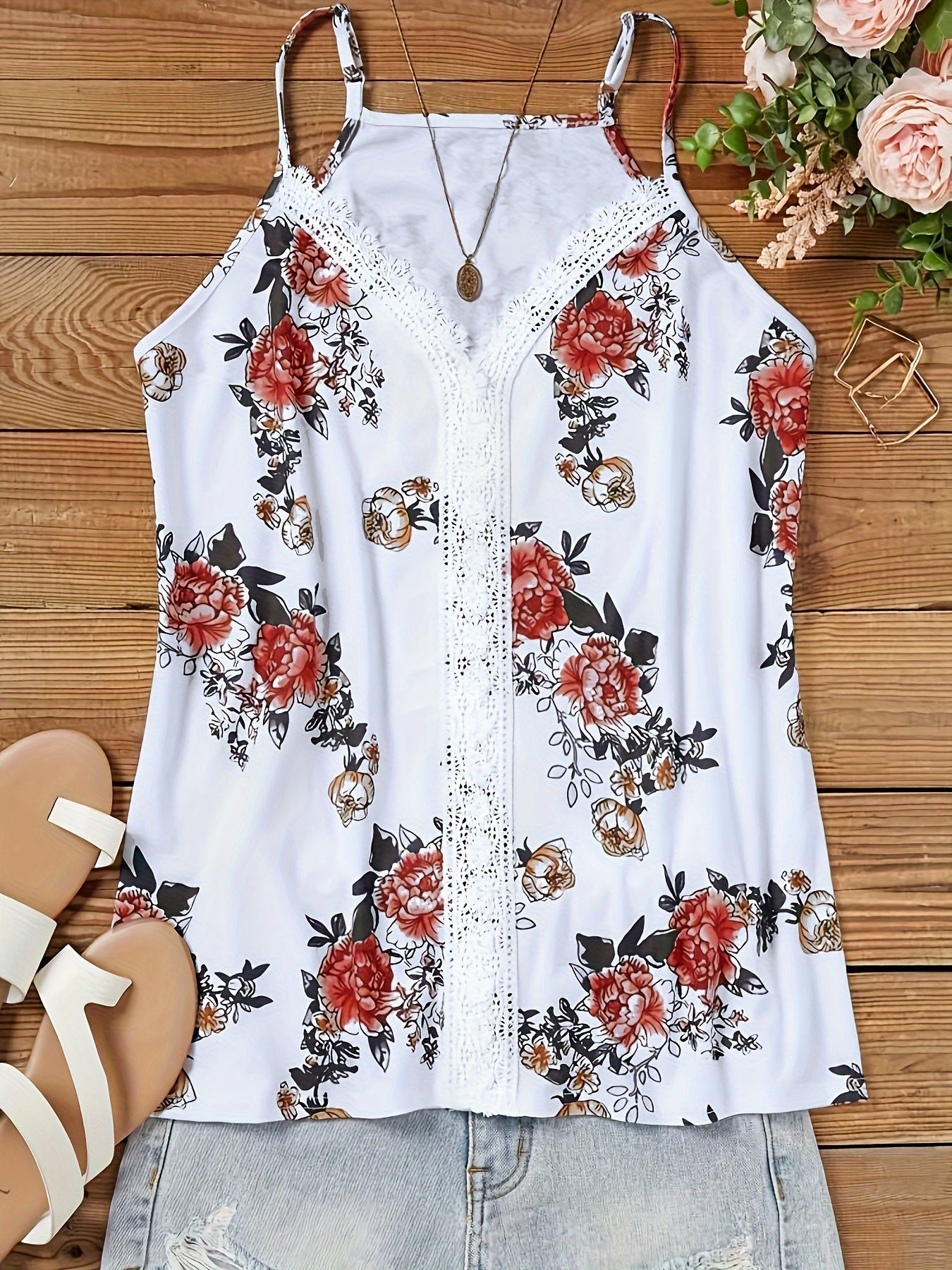 Women's Sexy Style Tank Top with Thin Straps, Floral Pattern, and Lace – Perfect for Summer and Casual Moments