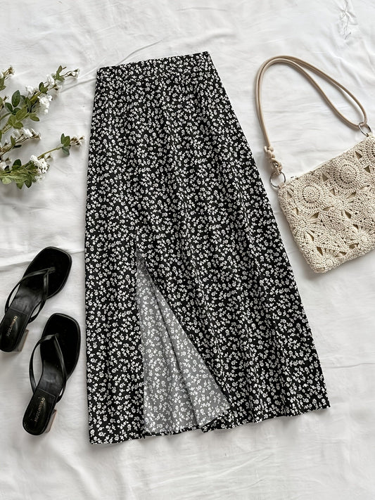 Falda midi para mujer estilo bohemio con abertura y flores – Elegancia casual para el verano