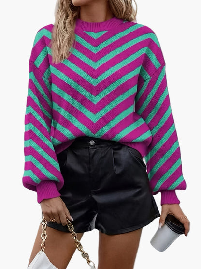Pull élégant à rayures chevrons pour femme, style automne/hiver, manches longues, coupe décontractée