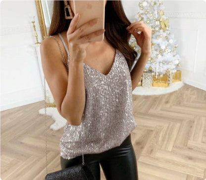 Débardeur Femme Élégant à Sequins Style Socialite pour Soirée et Sorties