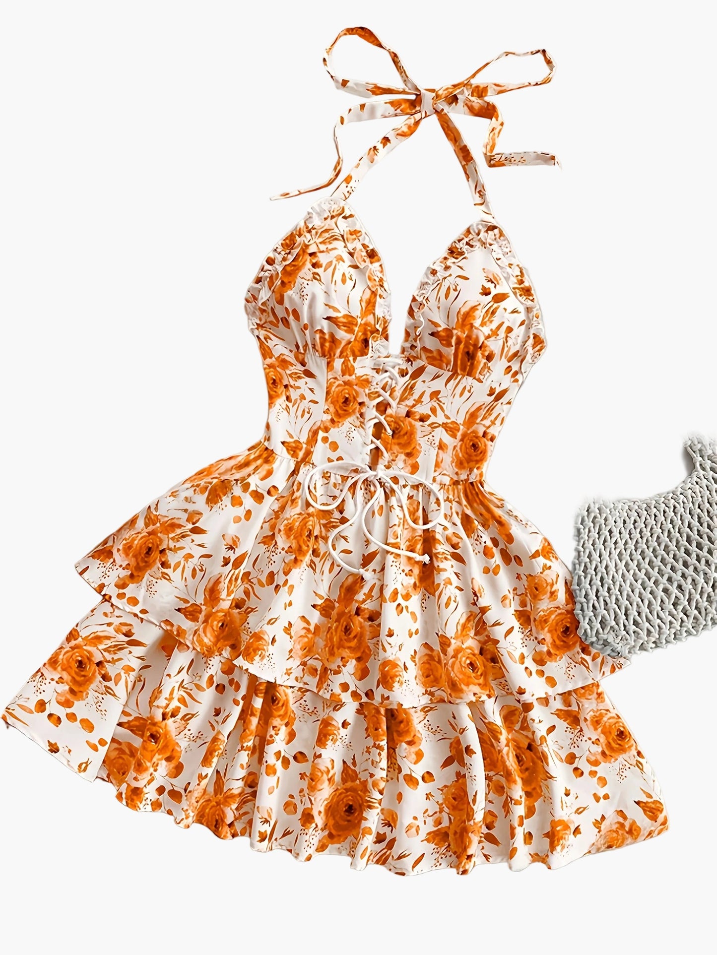Women's summer dress in bohemian style with ruffles, halter neck, floral print, perfect for evenings and parties