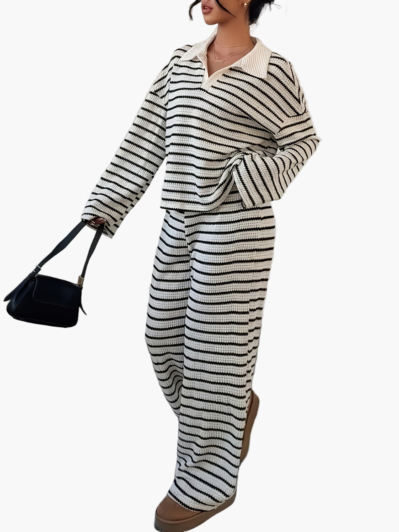 Ensemble Femme Élégant Pull Loose à Rayures et Pantalon Large Style Décontracté Automne-Hiver