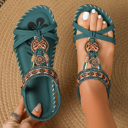 Women's Bohemian Slip-On Sandals with Ornaments and Ankle Strap - Casual Chic Style