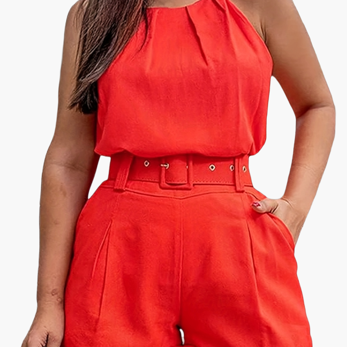 Combinaison Short Élégante Femme Sans Manches Style Printemps Été avec Ceinture