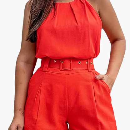 Combinaison Short Élégante Femme Sans Manches Style Printemps Été avec Ceinture