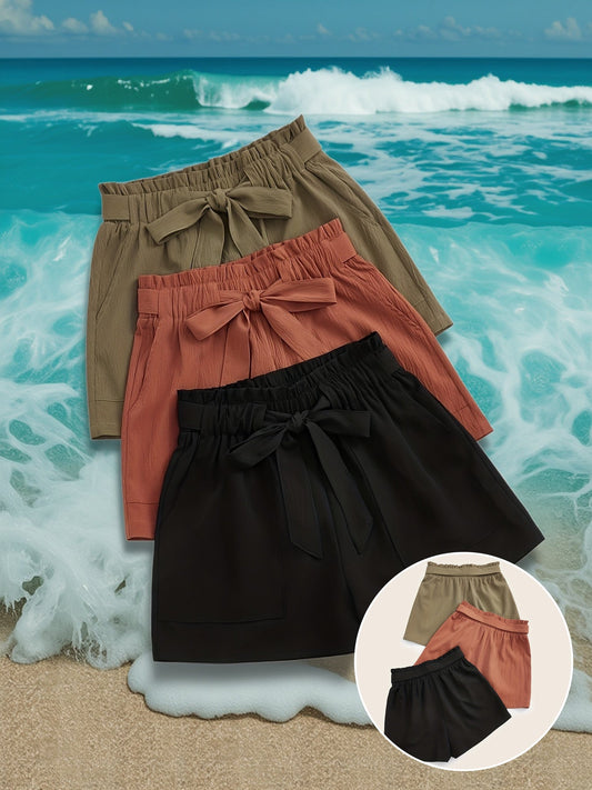 Short estivo a vita alta con cintura annodata da donna, stile casual per spiaggia e vacanze