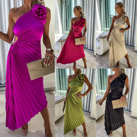 Robe de soirée femme élégante à une épaule style sirène plissée avec fleur 3D – Parfaite pour cocktails, événements et cérémonies