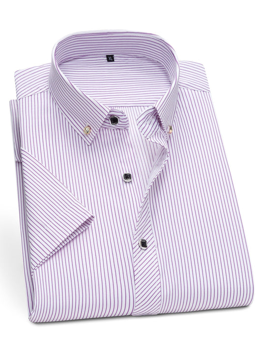 Men's short-sleeve dress shirt with fine stripes, business style