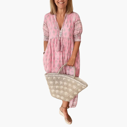 Vestito a mezza lunghezza bohémien da donna, stile informale con stampa e tasche