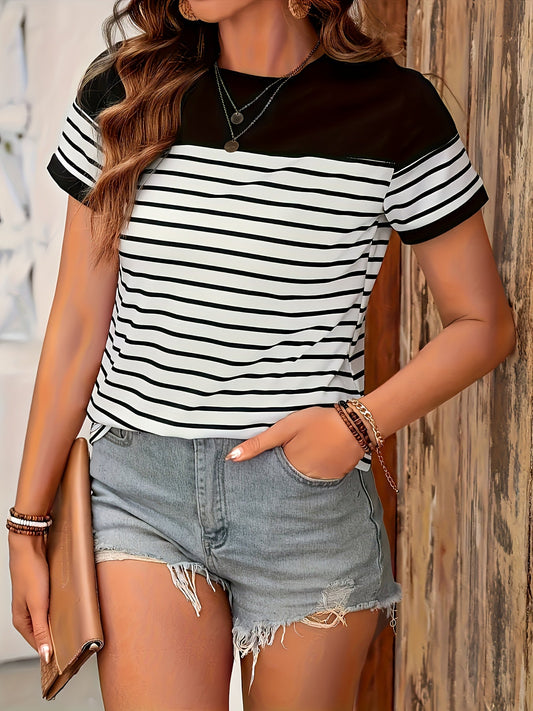 T-shirt à manches courtes style marinière chic pour femme, quotidien décontracté