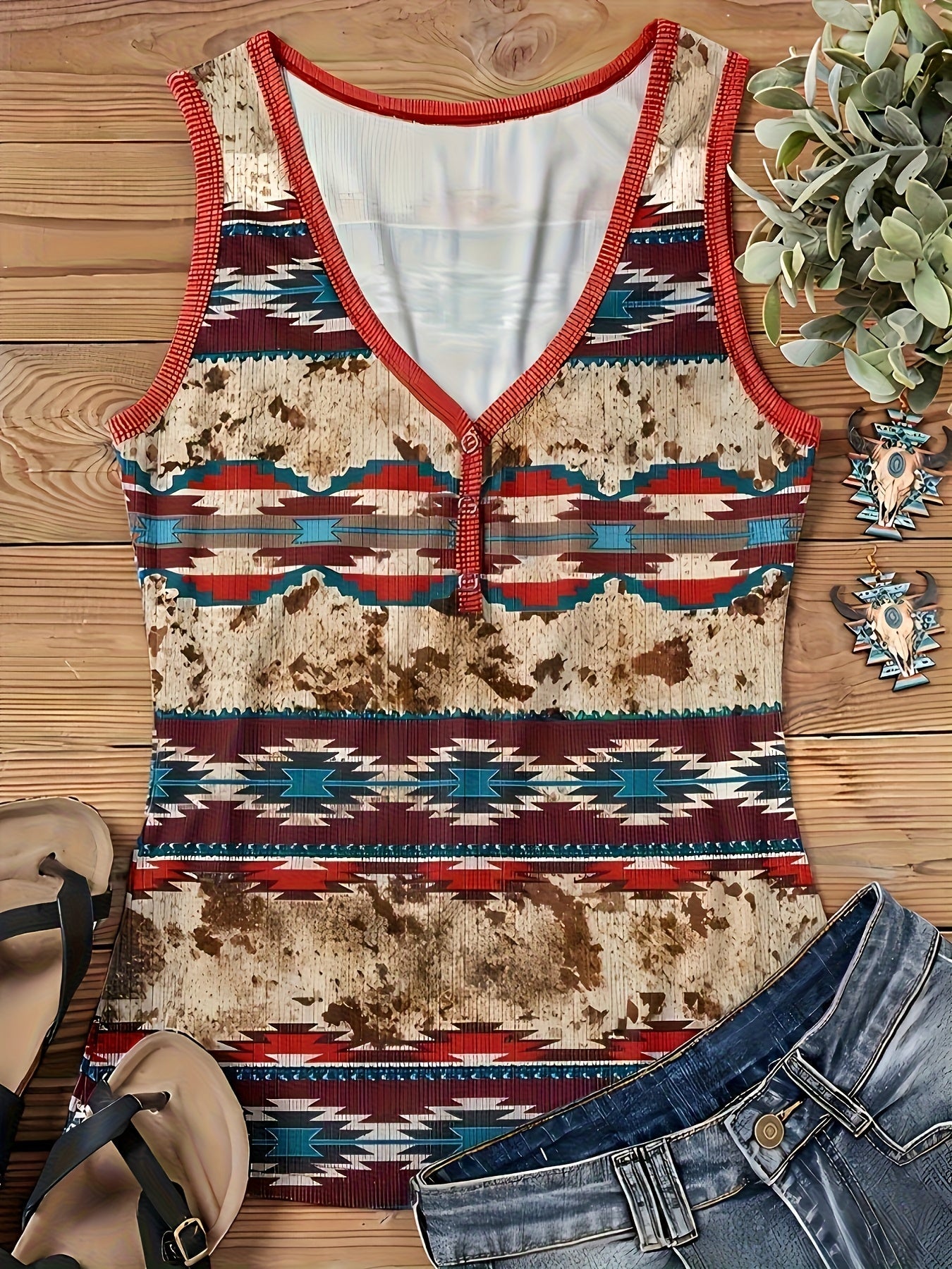 Camiseta sin mangas para mujer estilo bohemio con estampado geométrico, cuello en V, botones decorativos, moda casual de verano