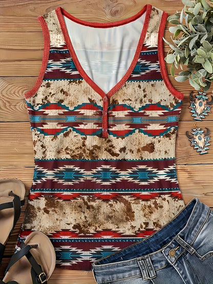 Camiseta sin mangas para mujer estilo bohemio con estampado geométrico, cuello en V, botones decorativos, moda casual de verano
