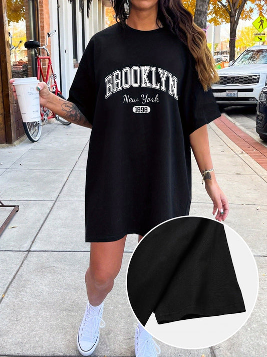 Robe t-shirt décontractée femme style oversize motif Brooklyn New York