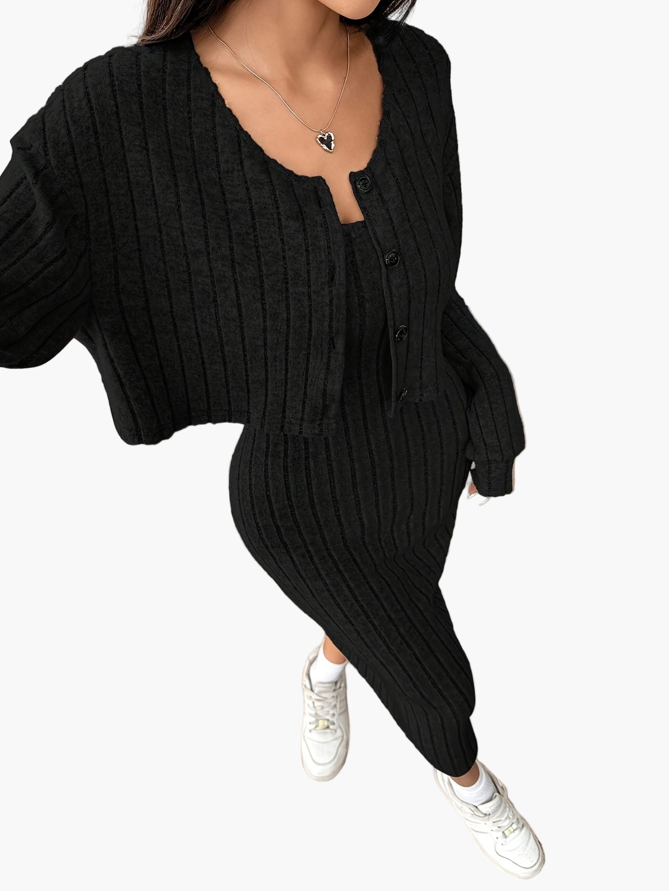 Ensemble Femme Élégant Deux Pièces Pull Boutonné et Jupe Longue Style Décontracté Printemps Automne