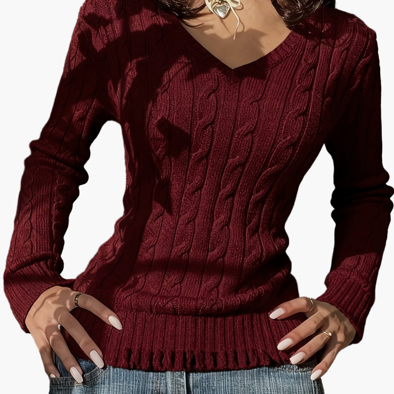 Pull Femme Style Casual à Col V et Motif Câble - Élégance Quotidienne
