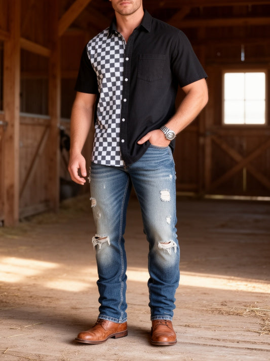 Men's short-sleeve resort-style shirt with trendy urban checkered pattern
