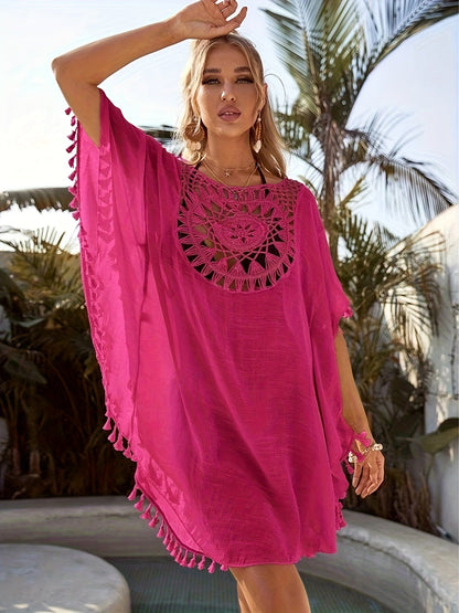 Vestido de playa bohemio chic para mujer con bordado calado y corte amplio – ideal para vacaciones y piscina