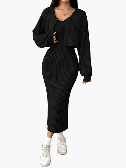 Ensemble Femme Élégant Deux Pièces Pull Boutonné et Jupe Longue Style Décontracté Printemps Automne