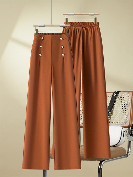 Pantaloni larghi a vita alta con bottoni eleganti da donna - Stile casual chic