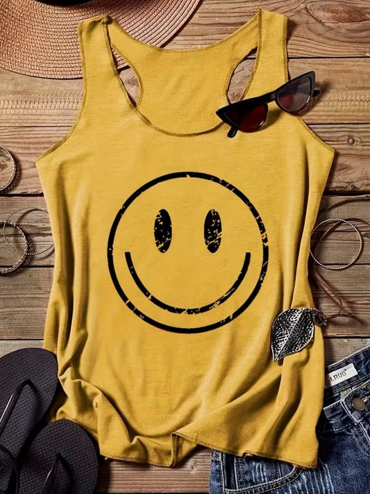 Débardeur décontracté pour femme avec smiley imprimé, style été, idéal pour les loisirs