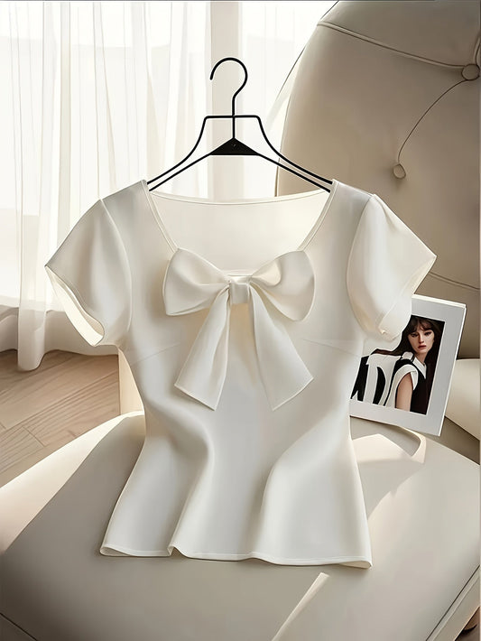 Blusa donna elegante a maniche corte con fiocco decorativo, stile chic per ufficio e uscite