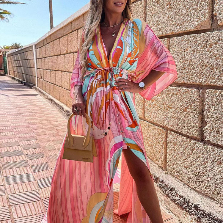 Joanne – Robe longue de plage à décolleté en V sexy et à fente irrégulière