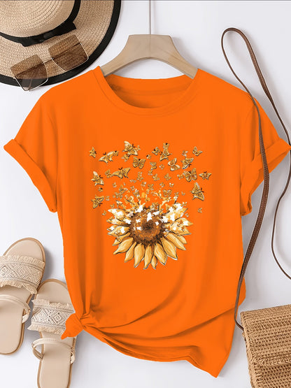 Women's casual style T-shirt with sunflower and butterfly pattern, trendy print for spring-summer