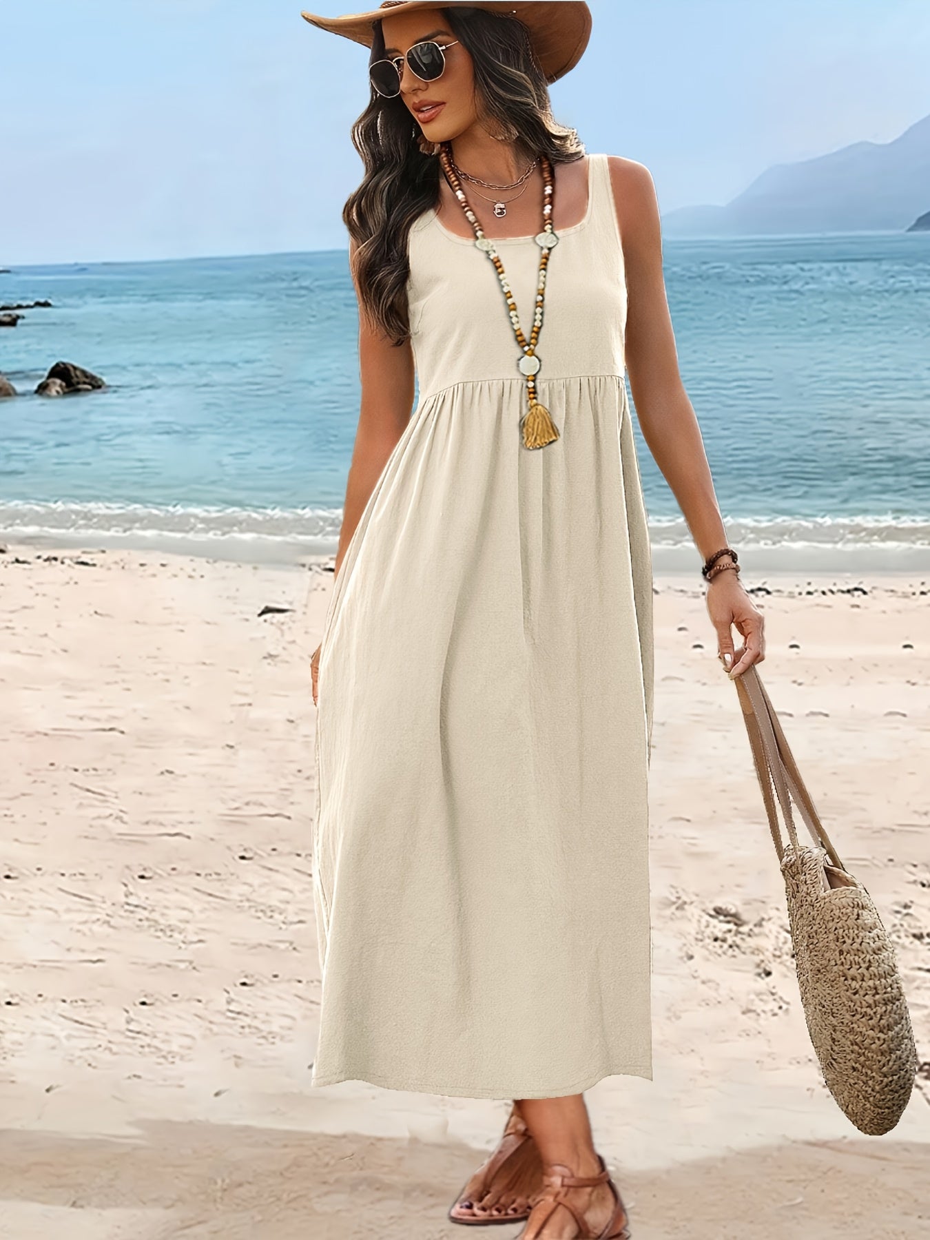 Robe Femme Midi Style Bohème Col Carré Sans Manches pour Vacances