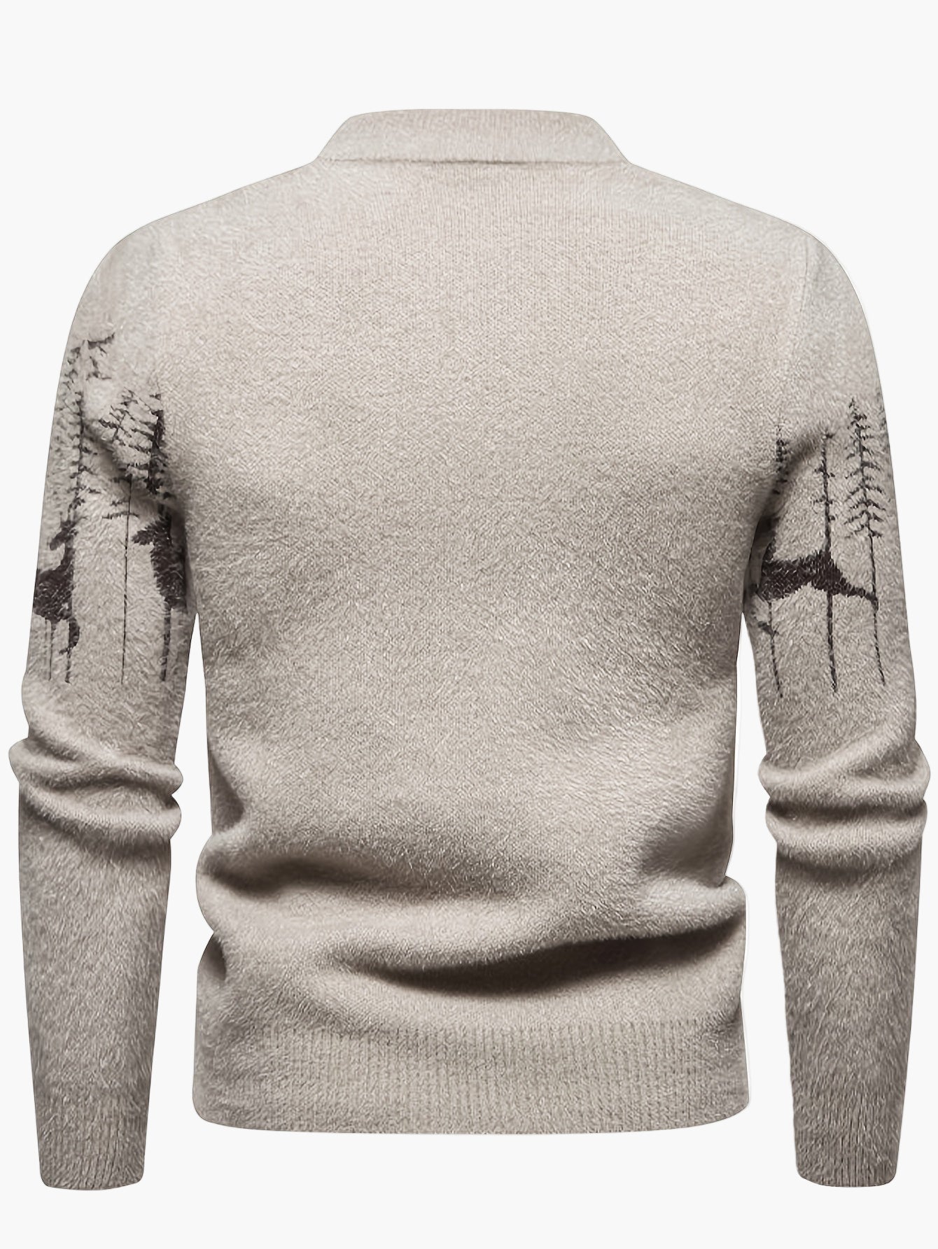 Pull homme style nordique à col rond, motif cerfs et forêt, hiver décontracté