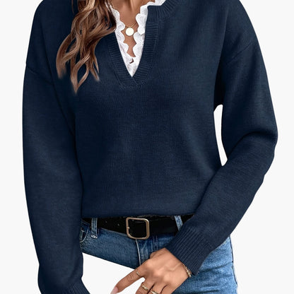 Pull élégant femme col V avec détail dentelle, manches longues, coupe ample, style casual chic pour automne/hiver