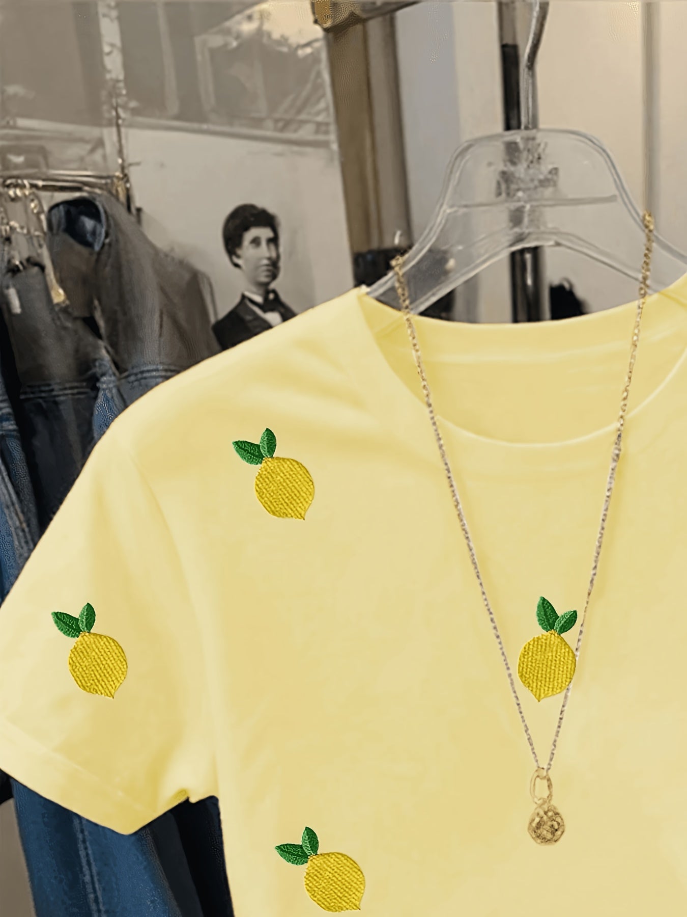 T-shirt décontracté pour femme motif citrons brodés style fruité tendance