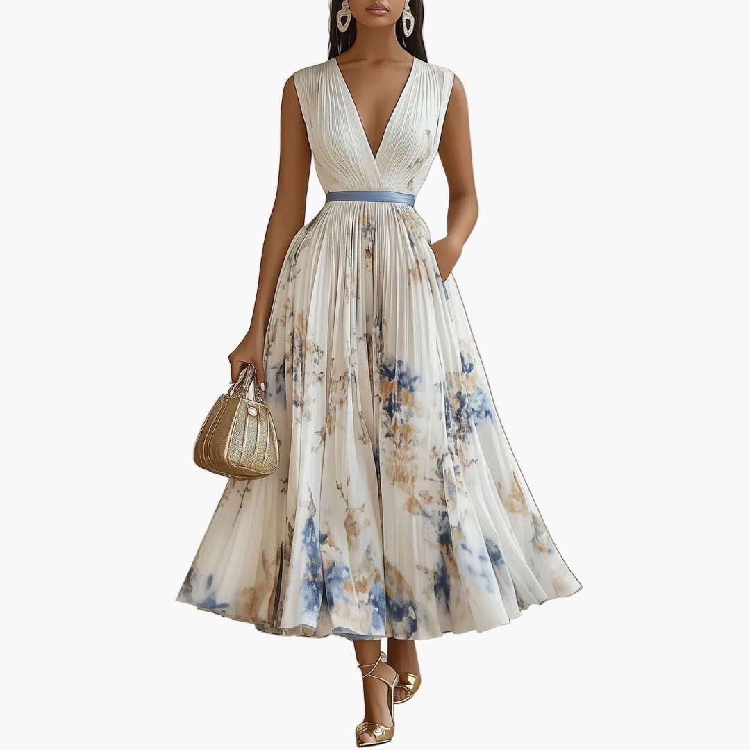 Vestido de ceremonia para mujer plisado elegante estilo floral azul y blanco, escote en V, evento especial
