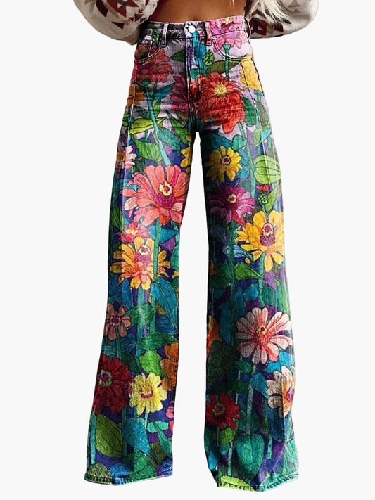 Jean large femme style bohème à imprimé floral, coupe ample, idéal pour un look décontracté et tendance