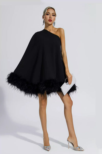 Ailani - Mini Robe Asymétrique Bordée de Plumes - Noir