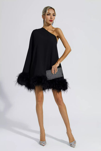 Ailani - Mini Robe Asymétrique Bordée de Plumes - Noir