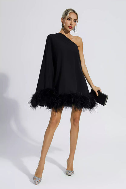 Ailani - Mini Robe Asymétrique Bordée de Plumes - Noir