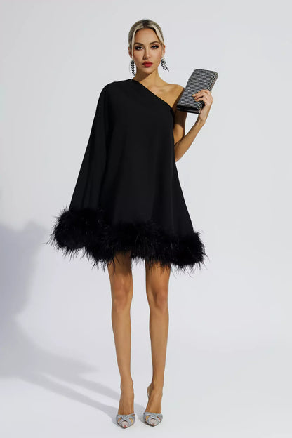 Ailani - Mini Robe Asymétrique Bordée de Plumes - Noir