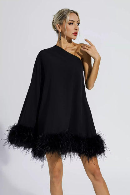 Ailani - Mini Robe Asymétrique Bordée de Plumes - Noir