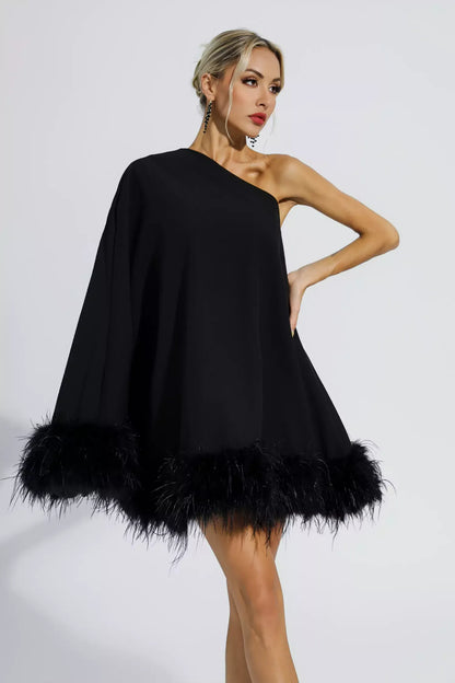 Ailani - Mini Robe Asymétrique Bordée de Plumes - Noir