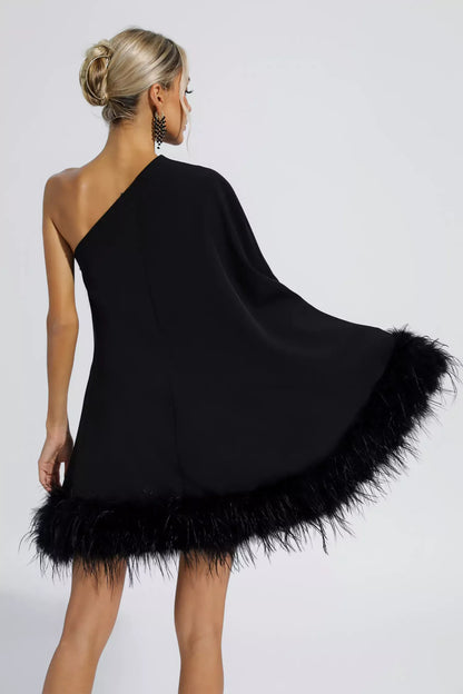 Ailani - Mini Robe Asymétrique Bordée de Plumes - Noir